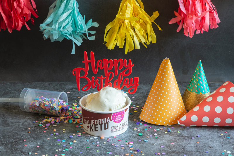 Ice Cream Topped Keto Birthday Cake Cookie Celebration with Popper, Confetti, Hats, Streamers, and Sprinkles by Kalifornia Keto