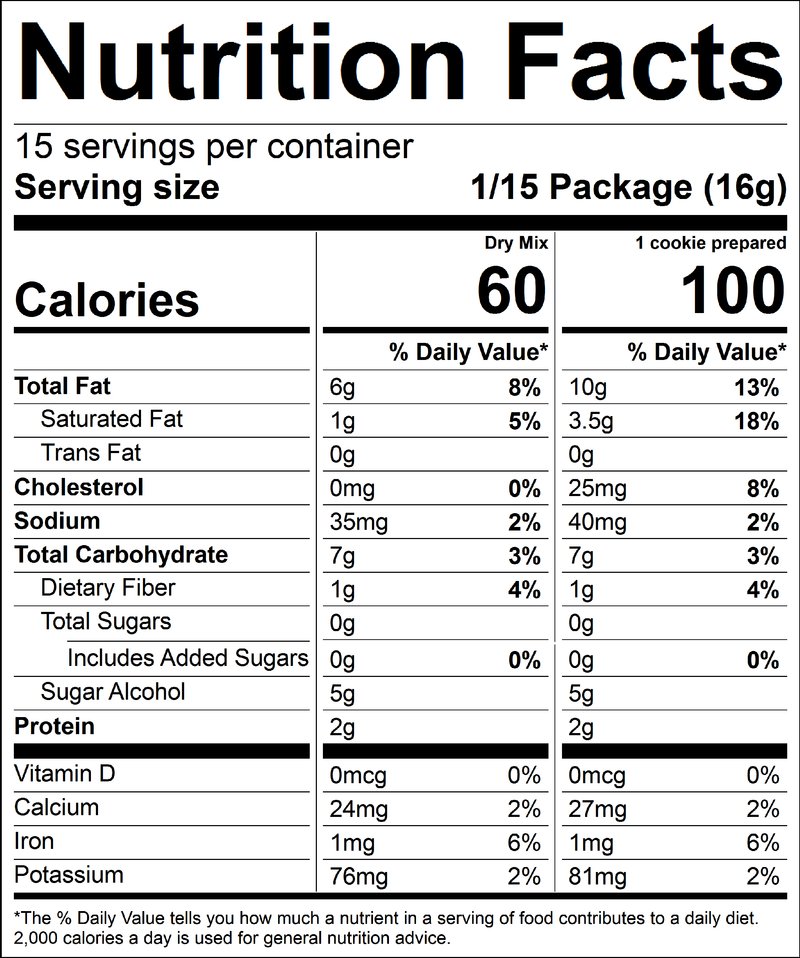 Keto Chocolate Chip Cookie Baking Mix Nutrition Panel by Kalifornia Keto