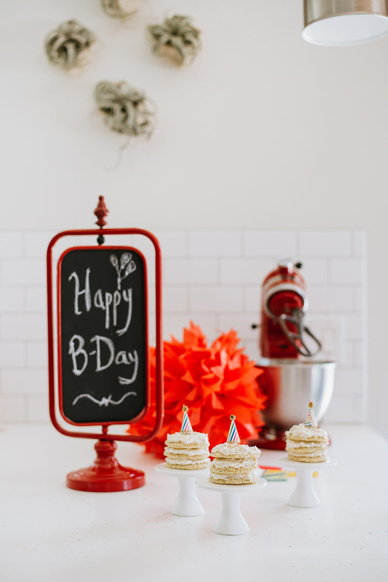 Happy Birthday Celebration with Keto Birthday Cake Cookie Sandwiches, Sign, and Mixer