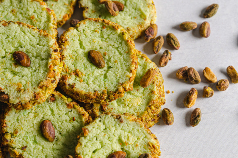 Pistachio Keto Butter Cookies Rolled in Chopped Pistachio Nuts