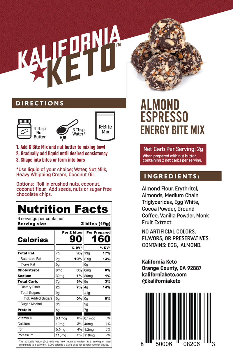 Keto Almond Espresso No Bake Energy Bite Fat Bomb Mix Nutrition Panel