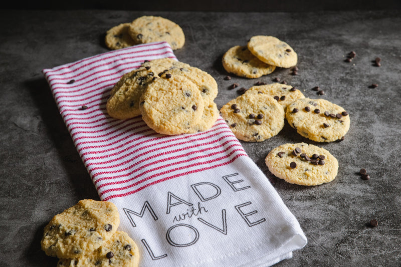 Keto Chocolate Chip Cookies on Kitchen Towel Made with Love